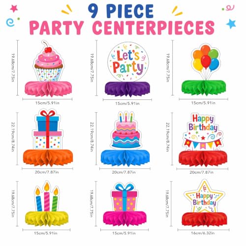 9-Piece Happy Birthday Honeycomb Decorations Set, Paper Centerpieces for Women Party Decorations, Decor Supplies with Happy Birthday Sign