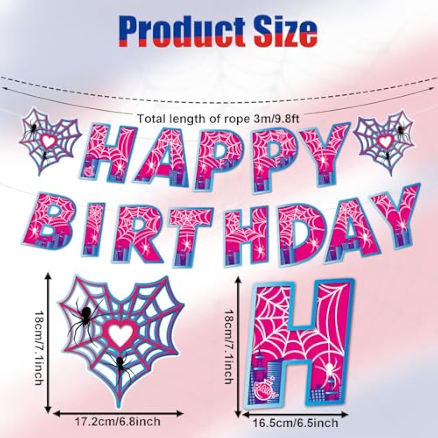 Pink Spider Happy Birthday Banner, Pre-Strung Cartoon Theme Party Decorations
