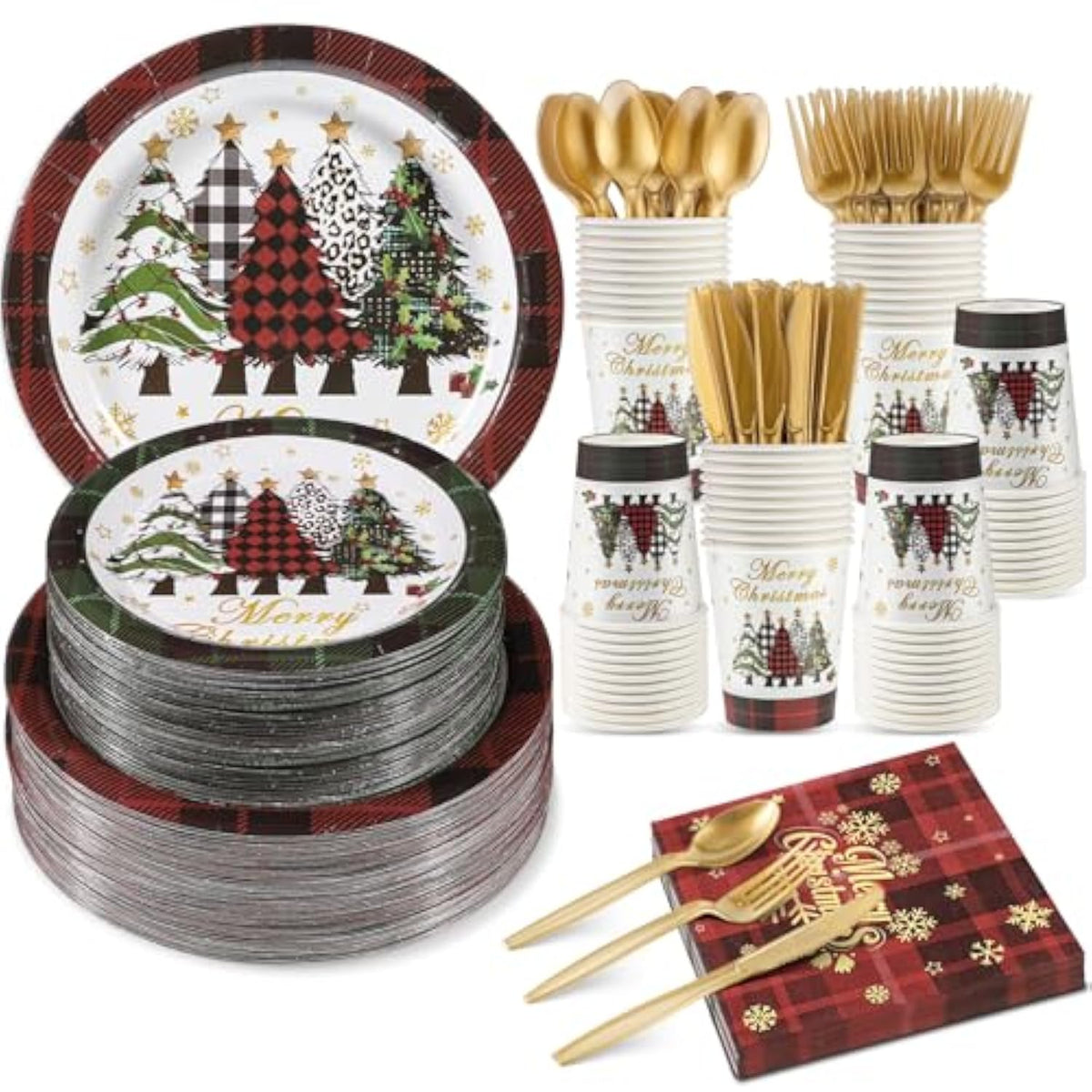 350 Pcs Christmas Paper Plates And Napkins Set, Buffalo Plaid Xmas Tree Disposable Dinnerware Set Holiday Party Plates For Xmas Winter New Year Holiday