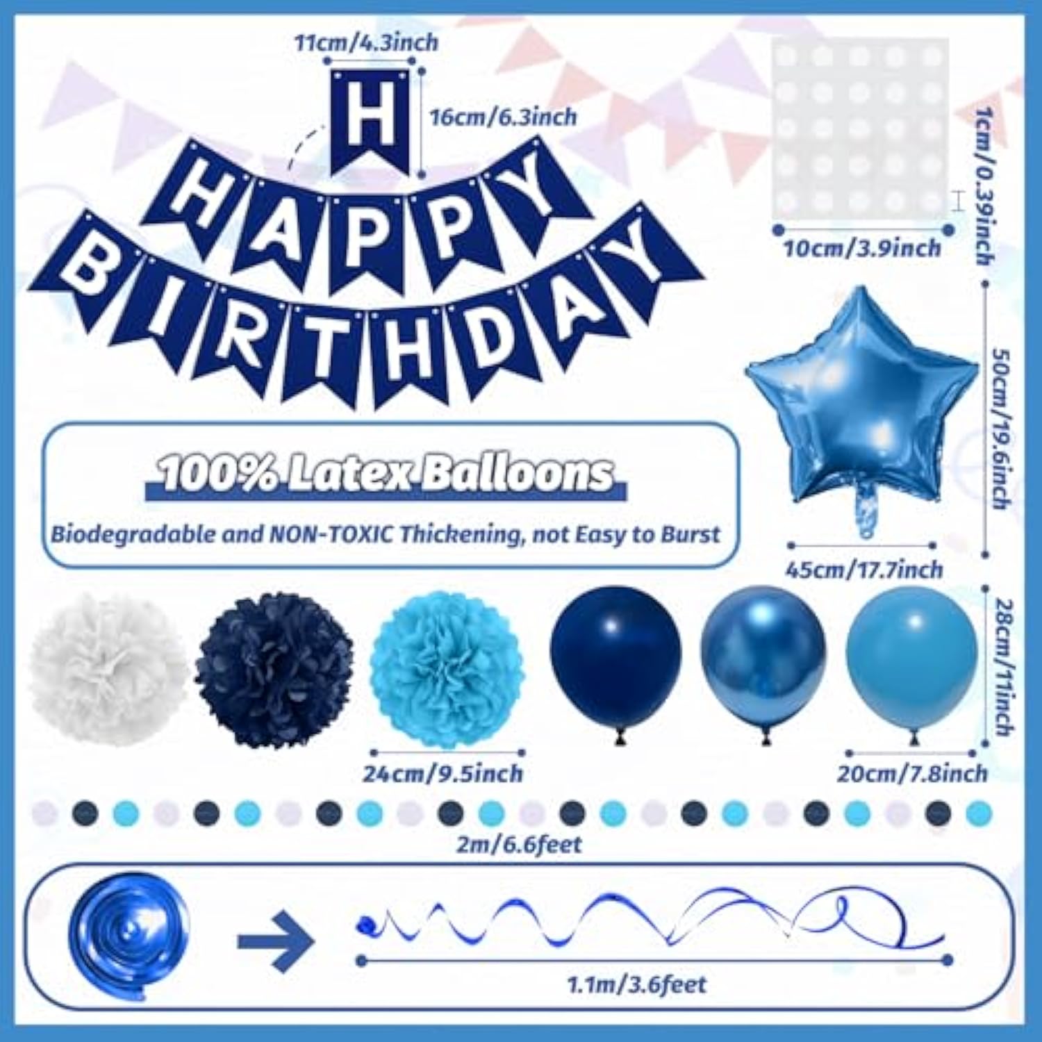 Navy Blue Birthday Decorations, Happy Birthday Banner With Paper Pompoms, Hanging Swirls, Garland, Party Balloons Happy Birthday Party Decorations For Women Men Boys Girls