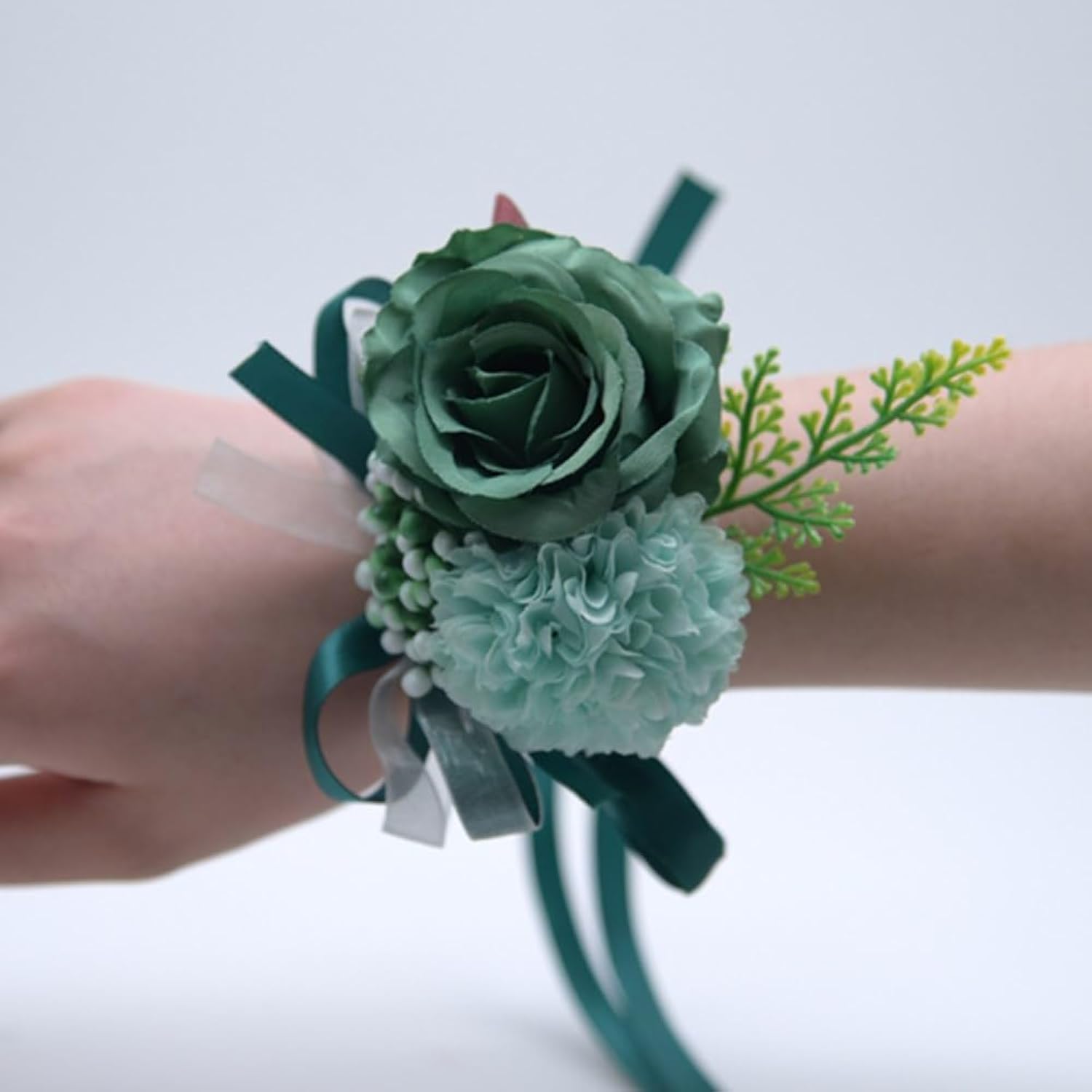 2 Rose Flower Wrist Corsage Boutonniere Set,Handmade Silk Flower For Bride Hand Flower Men Boutonniere, Prom Artificial Flower Wrist Corsage Bracelets (Green)