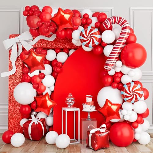 Christmas Balloons Garland Kit | Red and White Christmas Balloons Arch Kit with Candy Cane and Gold Star Foil Balloons for Xmas Party Decoration