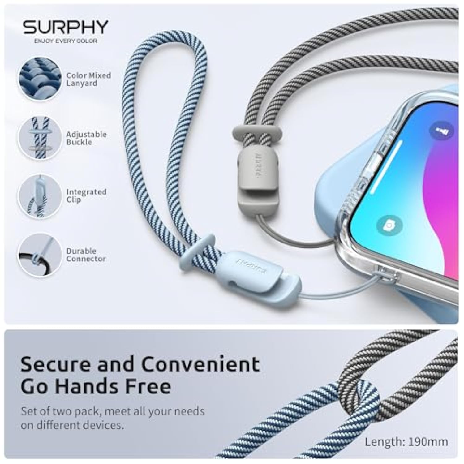 2 Pack Lanyard, Phone Strap, Adjustable Phone Lanyard With Two-Color Braided, Phone Wrist Strap For Airpods, Phone Case, Camera Wrist Strap, Cell Phone Wrist Lanyard, Cloud Blue & Gray