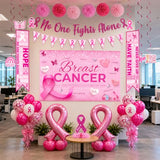 Breast Cancer Awareness Decorations,46PCS Breast Cancer Awareness Set with No one Fights Alone Banner,Breast Cancer Banner,Hanging Swirls,Pink Ribbon Balloons for October Pink Ribbon Party Supplies