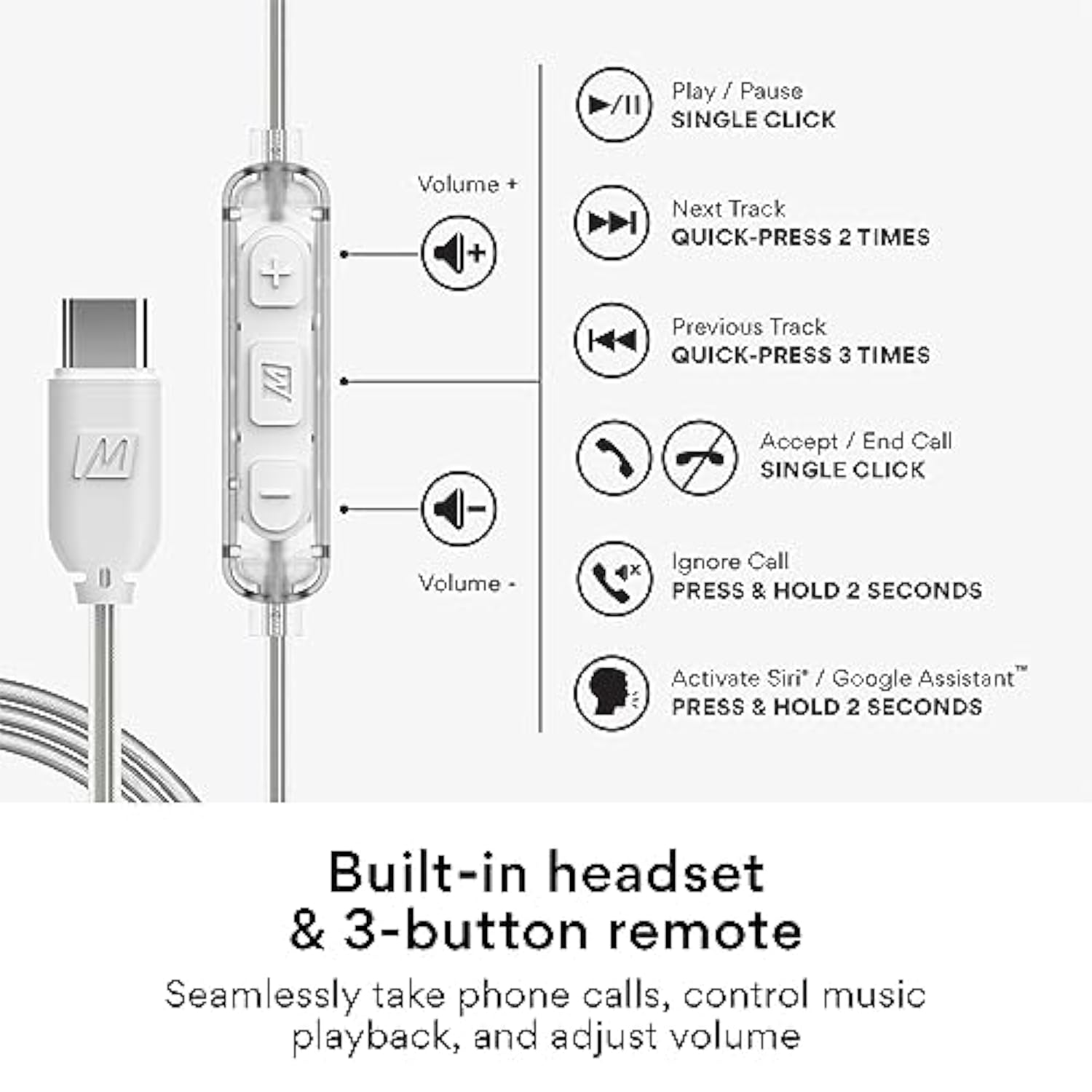 MEE audio USB Type C Headset Cable with Microphone and 3-Button Remote for MX
