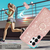 Rose gold glitter Galaxy S25 Ultra wallet case with 5 card slots, ring stand & protectors.