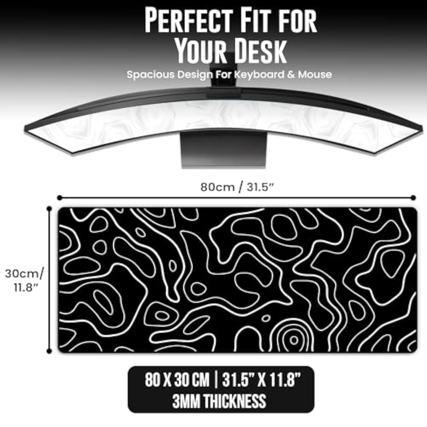 Gaming Mouse Pad Large, Black Topographic Mouse Pad, Large Mousepad Extended Office Desk Mat For Keyboard And Mouse, Stitched Edges | Non-Slip Base 31.5X11.8 Inch (Black)