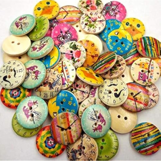 50 Pcs 20Mm 2-Hole Mixed Random Colorized Wooden Clock Style Buttons U