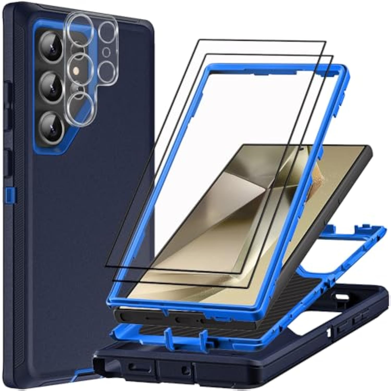 For Samsung Galaxy S24 Ultra Case With 2Pcs Tempered Glass Screen Protector And 1Pcs Camera Lens Protector, 3 In 1 Heavy Duty Shockproof/Drop Proof/Dust Proof Case (Navy Blue)