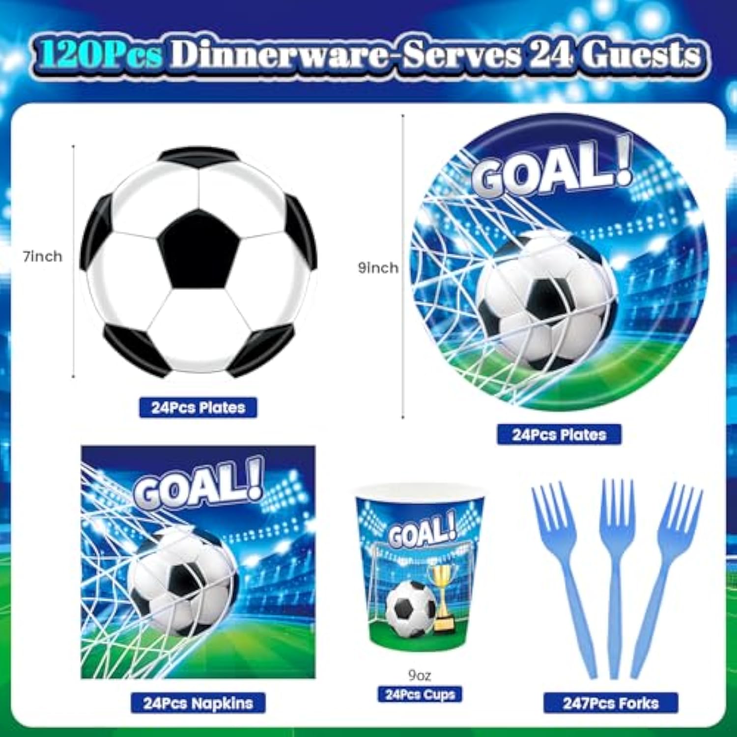 Soccer Party Decorations, 120Pcs Soccer Birthday Party Supplies-Serves 24 With Soccers Plates Cups And Napkins For Sports Boy'S Birthday Decorations