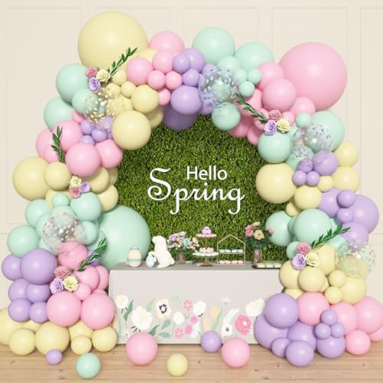 153Pcs Pastel Balloons Garland Arch Kit, Different Sizes 18 12 10 5Inch Pastel Pink Yellow Green Purple Confetti Balloons For Spring Baby Shower Wedding Wildflower Birthday Party Decorations