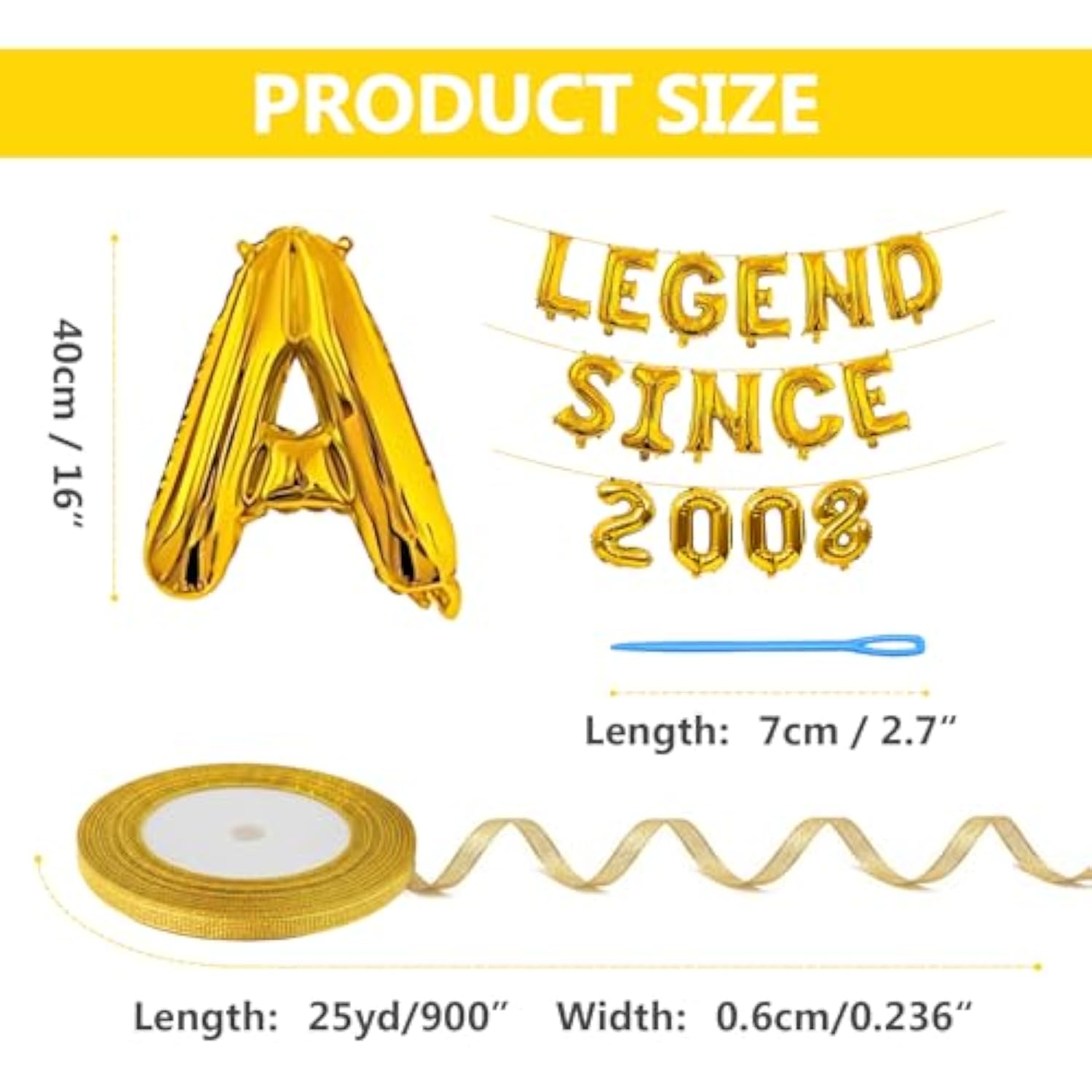 18Th Birthday Decorations For Boys/Girls, Birthday Balloons Banner (Golden) - 16" Large Inflatable Letters, 900" Ribbon & Two Threading Needles Diy Kit
