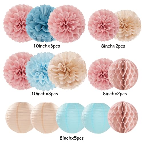 Dusty-Blue Pink Party-Decorations Paper Lanterns - 15pc Gender Reveal Tissue Pom Poms Streamers,Birthday Bachelorette Bridal Baby Shower Engagement Wedding Decor