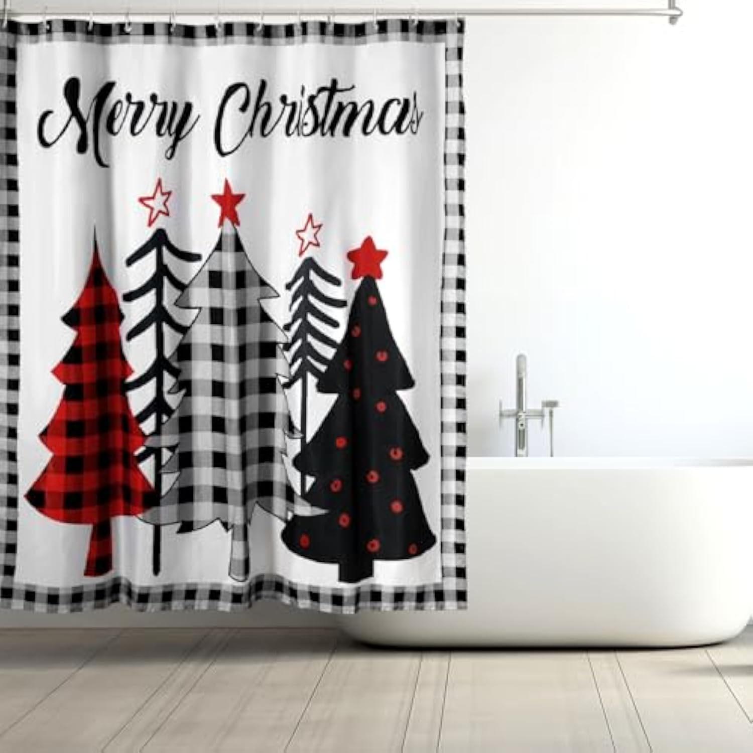 2 Pcs Christmas Shower Curtain Set 72 X 72 Inch Buffalo Plaid Xmas Tree Winter Snowflake Merry Christmas Decorative Christmas Tree Shower Curtain With Window Curtain With 12 Hooks