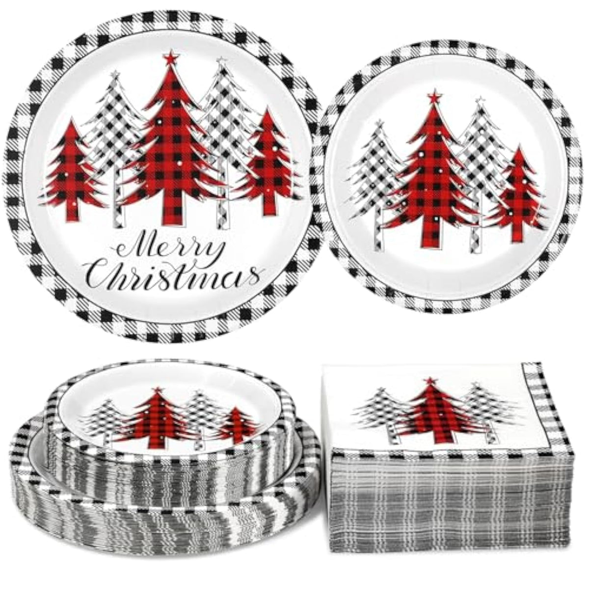 200Pcs Merry Christmas Paper Plates And Napkins Set, Christmas Tree Red & White Plates And Napkins Disposable, Christmas Disposable Dinnerware Set, Christmas Party Xmas Party Decor, Serve 50