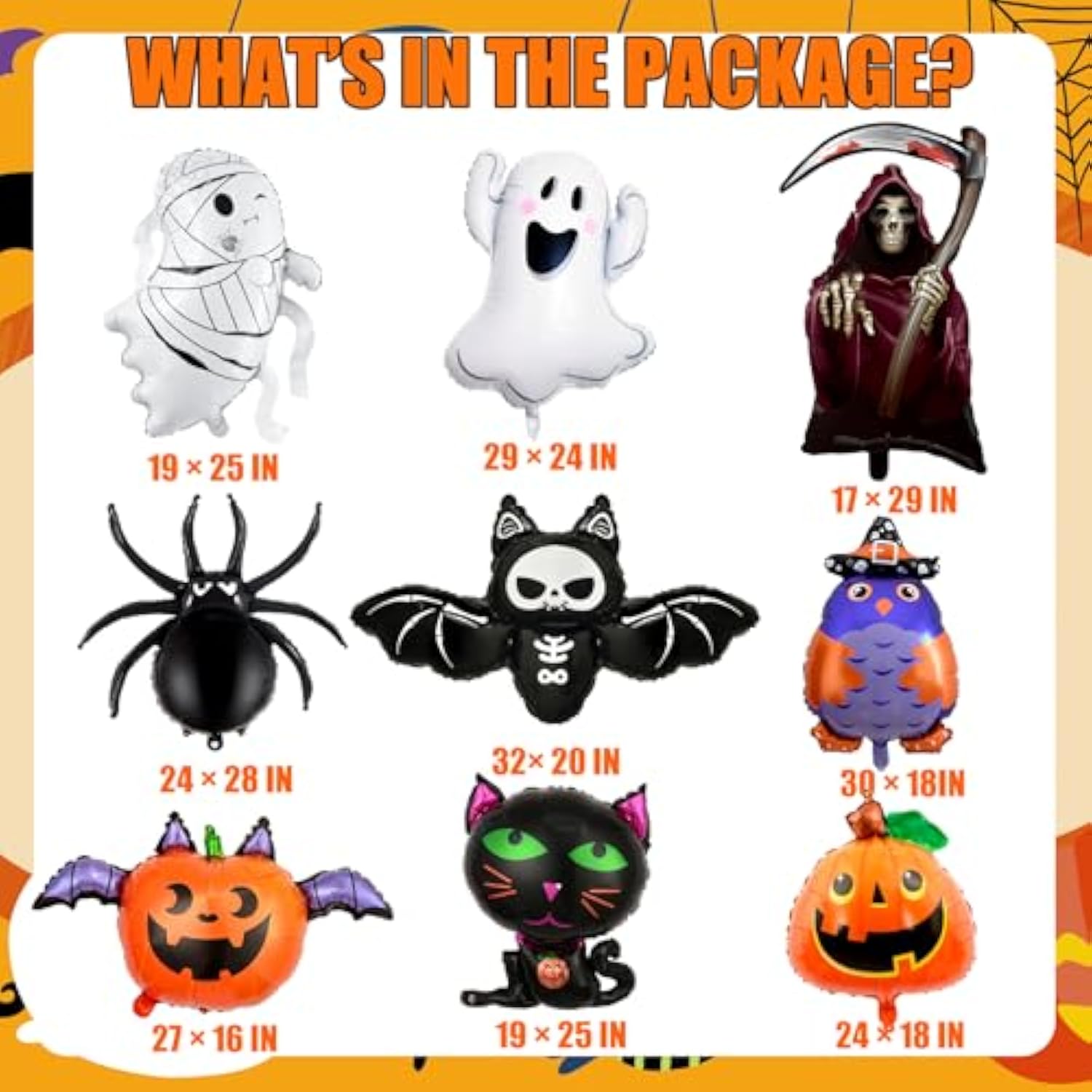 Halloween Foil Balloon Set: Ghost, Spider, Bat, Pumpkin, Cat - 9PCS