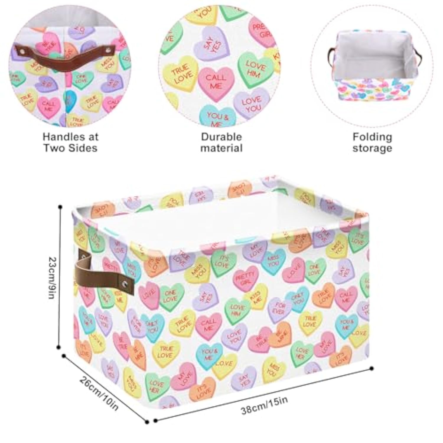 Valentine'S Day Storage Basket With Handles Conversation Heart Cube Storage Bin Foldable Fabric Storage Container Box For Home Office Dorm Closet Shelf Toy Storage