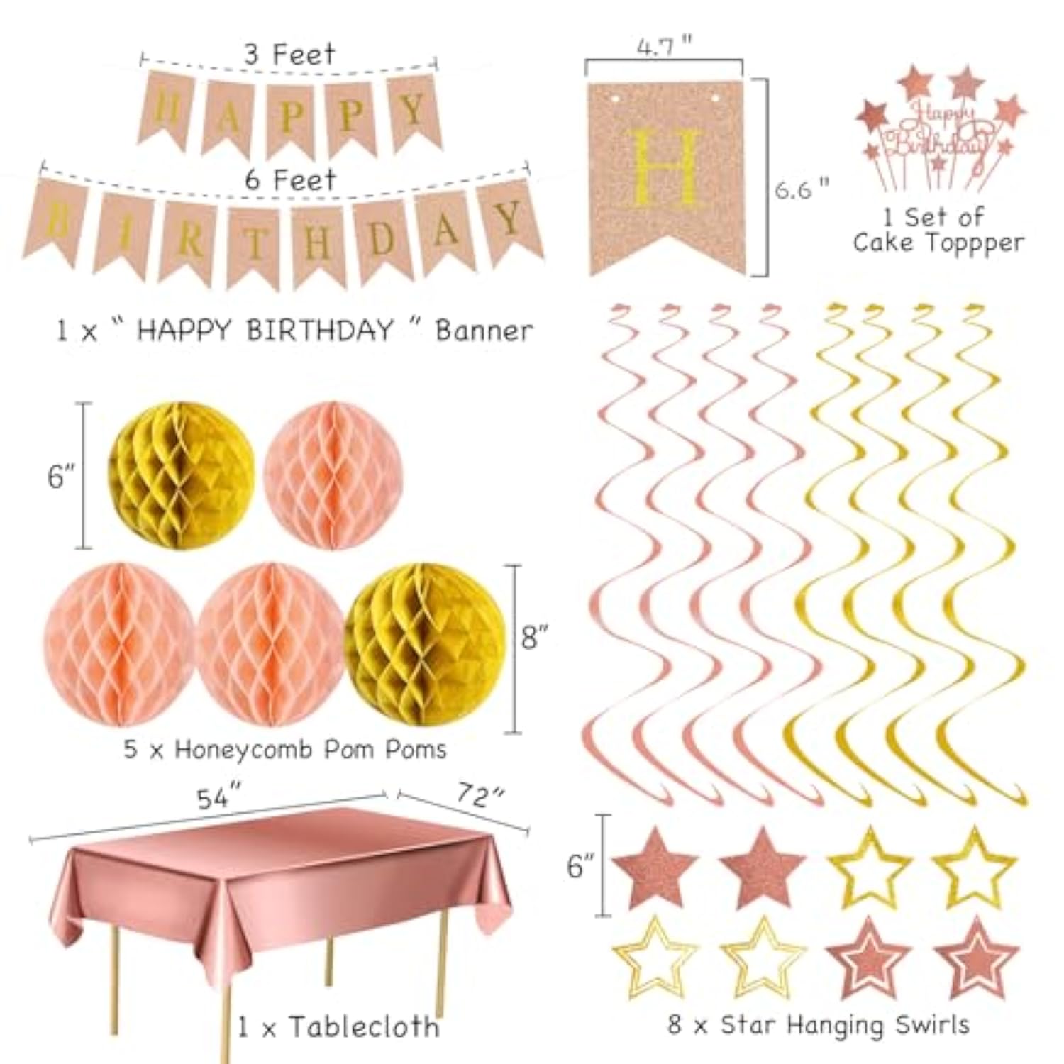 Rose Gold Birthday Party Decorations Supplies Happy Birthday Banner Honeycomb Balls Fringe Curtain Foil Balloons Hanging Swirls Cake Topper Tablecloth Party Supplies For Women Girls