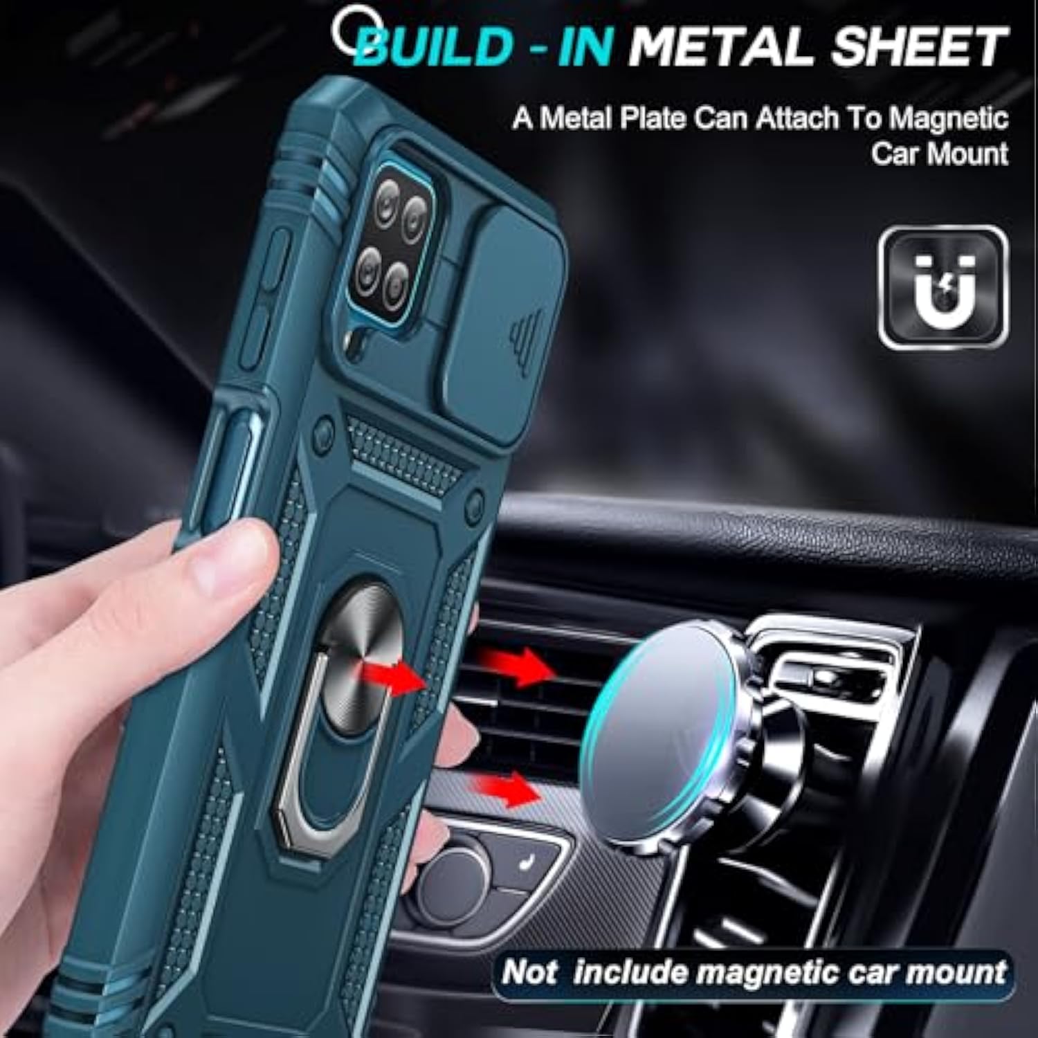 Compatible For Samsung Galaxy A12 Phone Case: Samsung A12 Phone Case With Slide Camera Cover + [2 Packs] Screen Protector, 360 Heavy Duty Protective Shockproof Case With Kickstand For A12, Blue