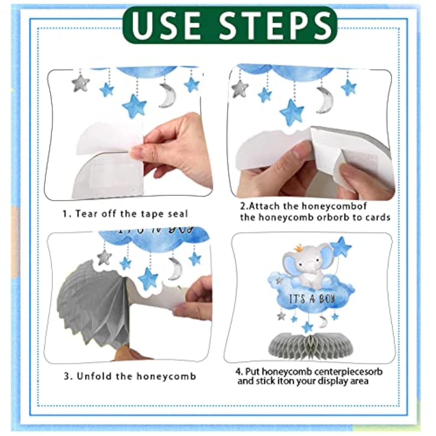 9 Pcs Elephant Baby Shower Honeycomb Centerpieces Party Decor For Boys,Cute Blue Elephant Honeycomb Balloons Star Moon Topper 3D Table Decoration For Kids Party Baby Shower Party Photo Props Supplies