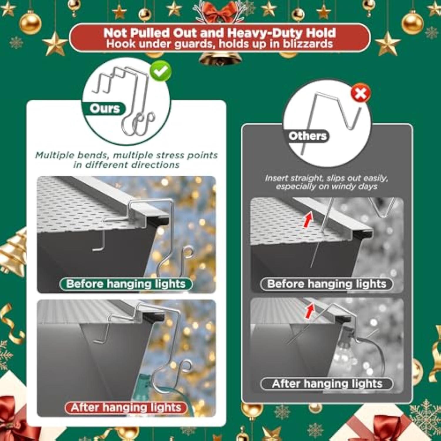 Christmas Light Hooks For Gutter Guards With Perforated Or Mesh, Stainless Steel Hanger Clips For Hanging Outside Christmas Lights Strings, Outdoor Windproof Anti-Slip Metal Hooks (60)