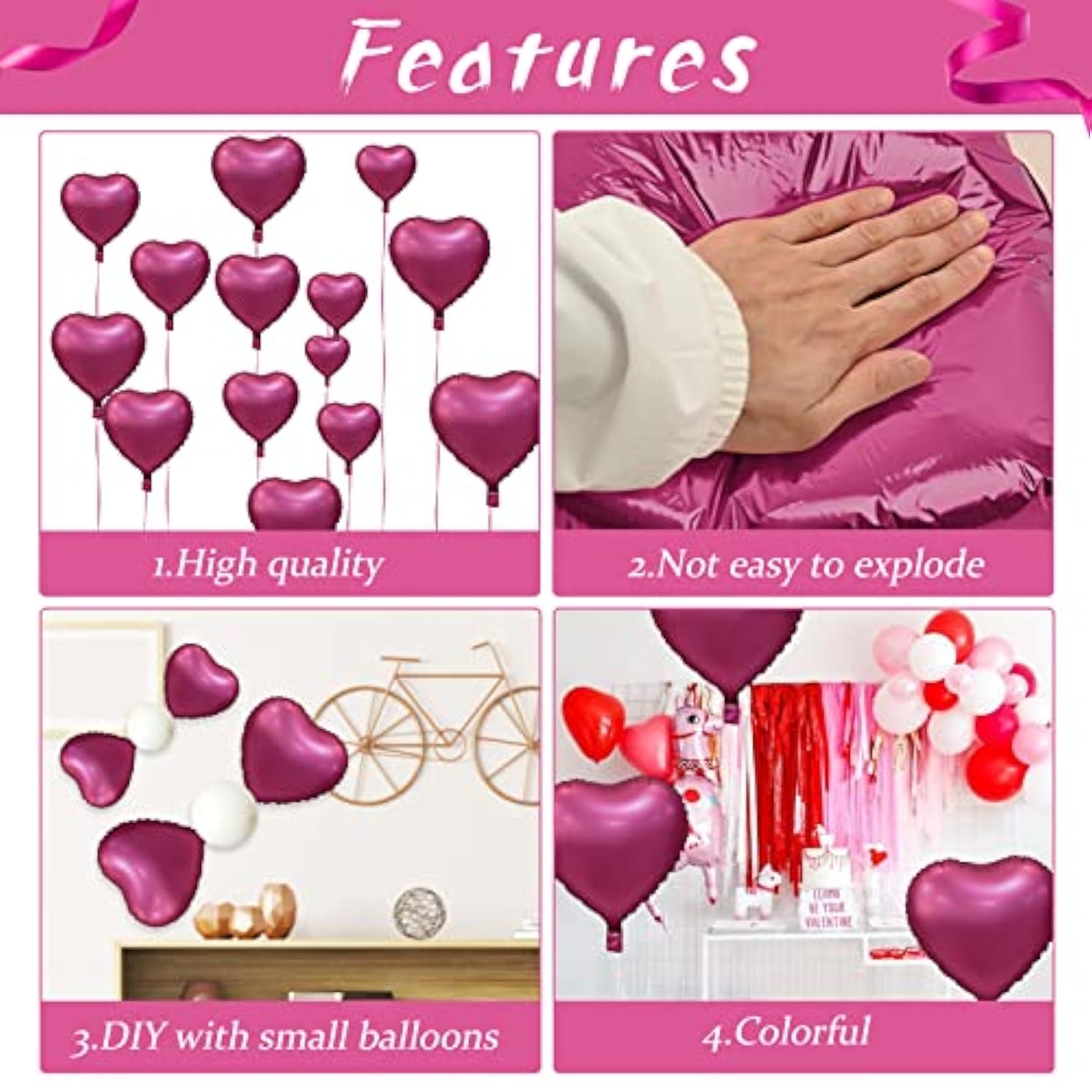 Foil Heart Balloons, 10Pcs Pink Heart Shape Balloons Valentines Balloons 18Inch Rose Red Foil Balloons For Helium Birthday Decorations For Girls Women For Valentines Day, Wedding, Anniversary