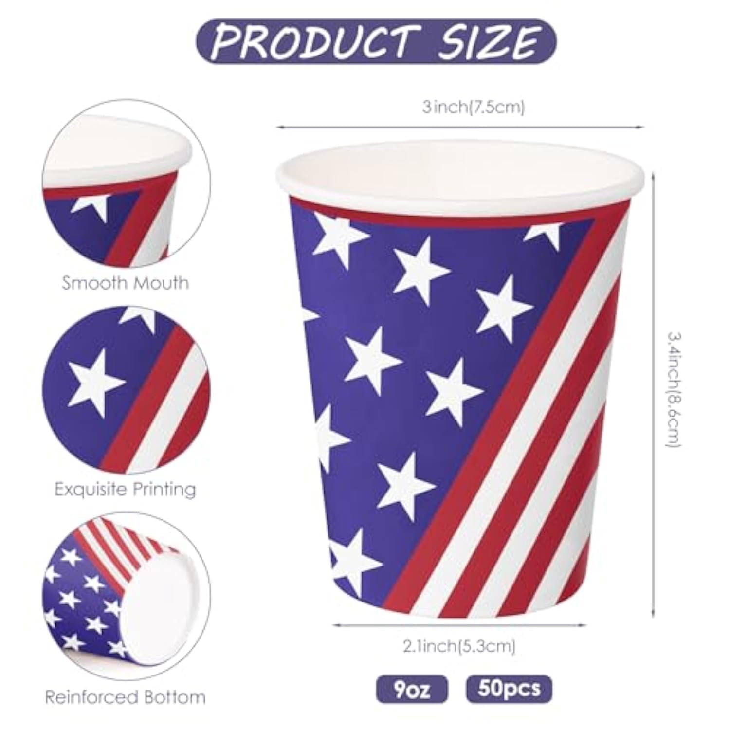 50 Pcs 4Th Of July Paper Cups - 9 Oz Disposable Cups, Coffee Cups, Hot/Cold Beverage Drinking Cups For Water Juice, Perfect For Home, Office And Party Supplies