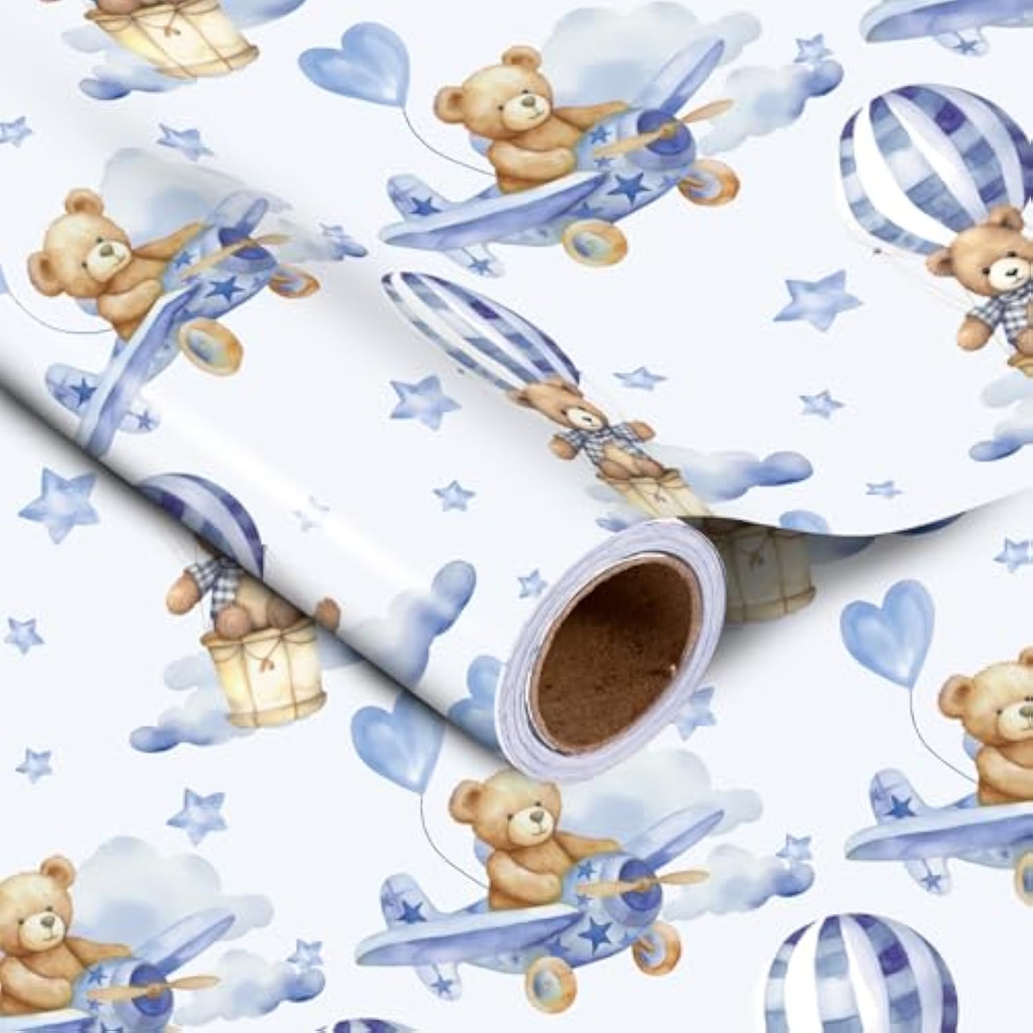 Baby Bear Wrapping Paper Roll, Blue Teddy Bear In Hot Air Balloon Design For Baby Boy Birthday, Baby Shower, Mini Roll, 17 Inches X 32.8 Feet (46.45 Sq.Ft.)