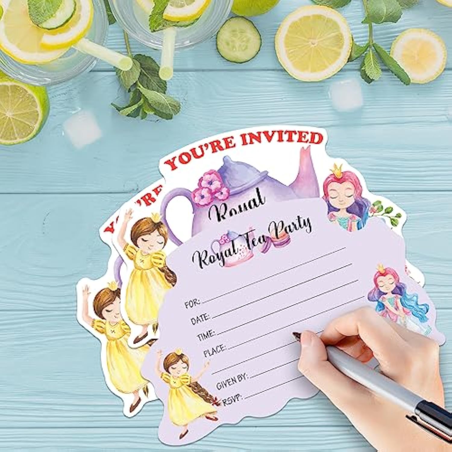 15 Pcs Watercolors Floral Teapot Cute Princess Shaped Fill-In Invitations Cards With Envelopes, Funny Birthday Baby Shower High Tea Royal Tea Party Invites For Teen Girls Adult Tea Lover