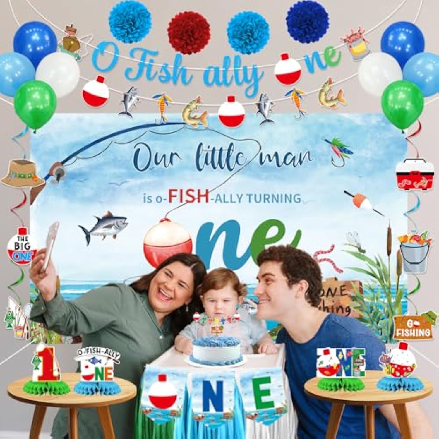 Ofishally One Birthday Decorations - Our Little Man Is Ofishally Turning One Backdrop, Banner, Hanging Swirls, Paper Pom Poms, Honeycomb And Balloons For Boy 1St Birthday Party Supplies