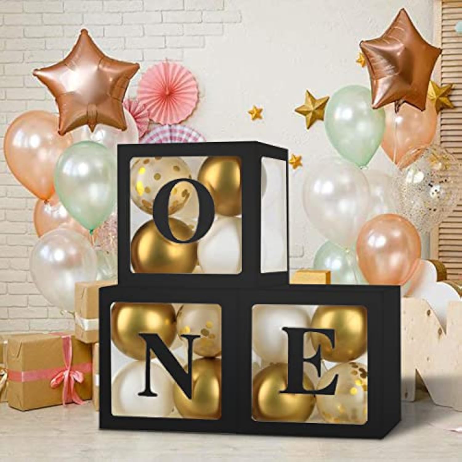 First Birthday Decorations For Girl Or Boy,3 Pcs One Balloon Boxes For 1St Birthday Girl Decoration,Baby Cube Blocks Party Decor With One Letters,Black