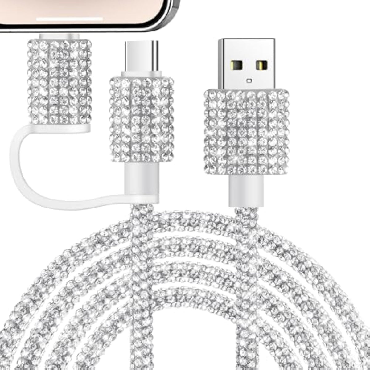 Usb C Cable For Iphone Charging Cord [Mfi Certified] 2 In 1 Multi Fast Charging Cable Usb A To Usb C/Phone Bling Sparkling Diamond Cable For Women 4Ft For Iphone 16, Galaxy S25-Silver