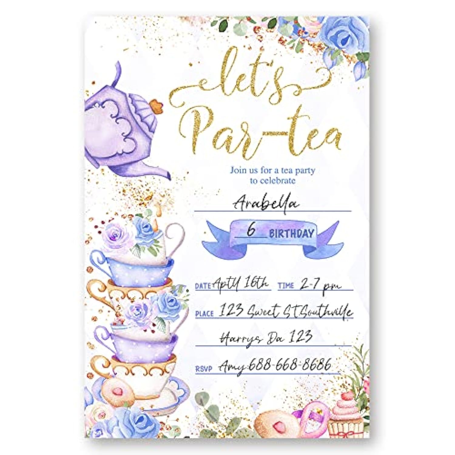 Partiness Tea Party Birthday Invitations For Girls, Purple And Gold Par-Tea Invite, Tea Birthday Party Invites Decorations. (056)