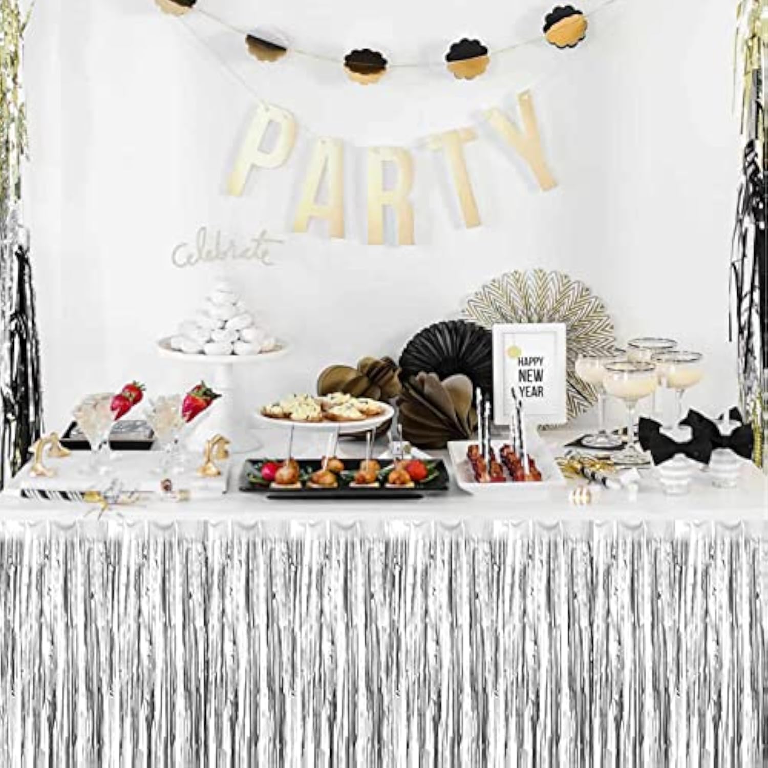 6 Pack 29X108 Inch 2024 New Year Metallic Foil Fringe Table Skirts Banner For Tinsel Streamer Garland Curtains Backdrop For Parade Floats Wedding Baby Shower Birthday Party Decoration Silver