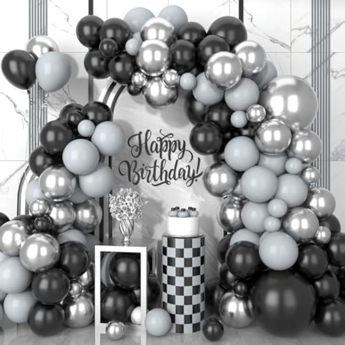 102PCS Black & Silver Balloon Garland Kit Party Decor for Birthday, Wedding, Shower and More