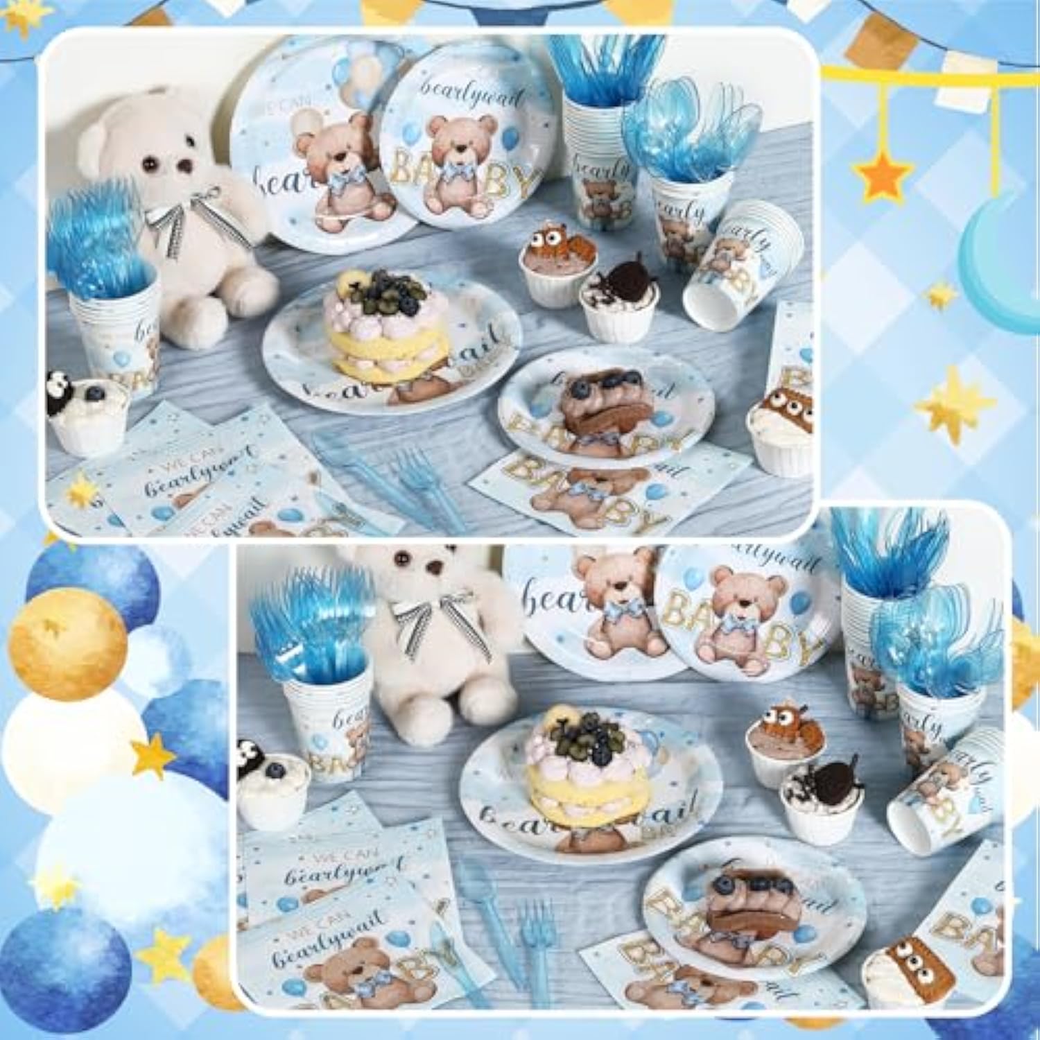 350Pcs Bear Baby Shower Decorations For 50 Guests Party Supplies For Boy Include Paper Plate, Napkin, Cup And Disposable Plastic Tableware