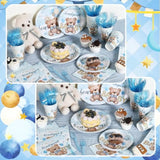 350Pcs Bear Baby Shower Decorations For 50 Guests Party Supplies For Boy Include Paper Plate, Napkin, Cup And Disposable Plastic Tableware