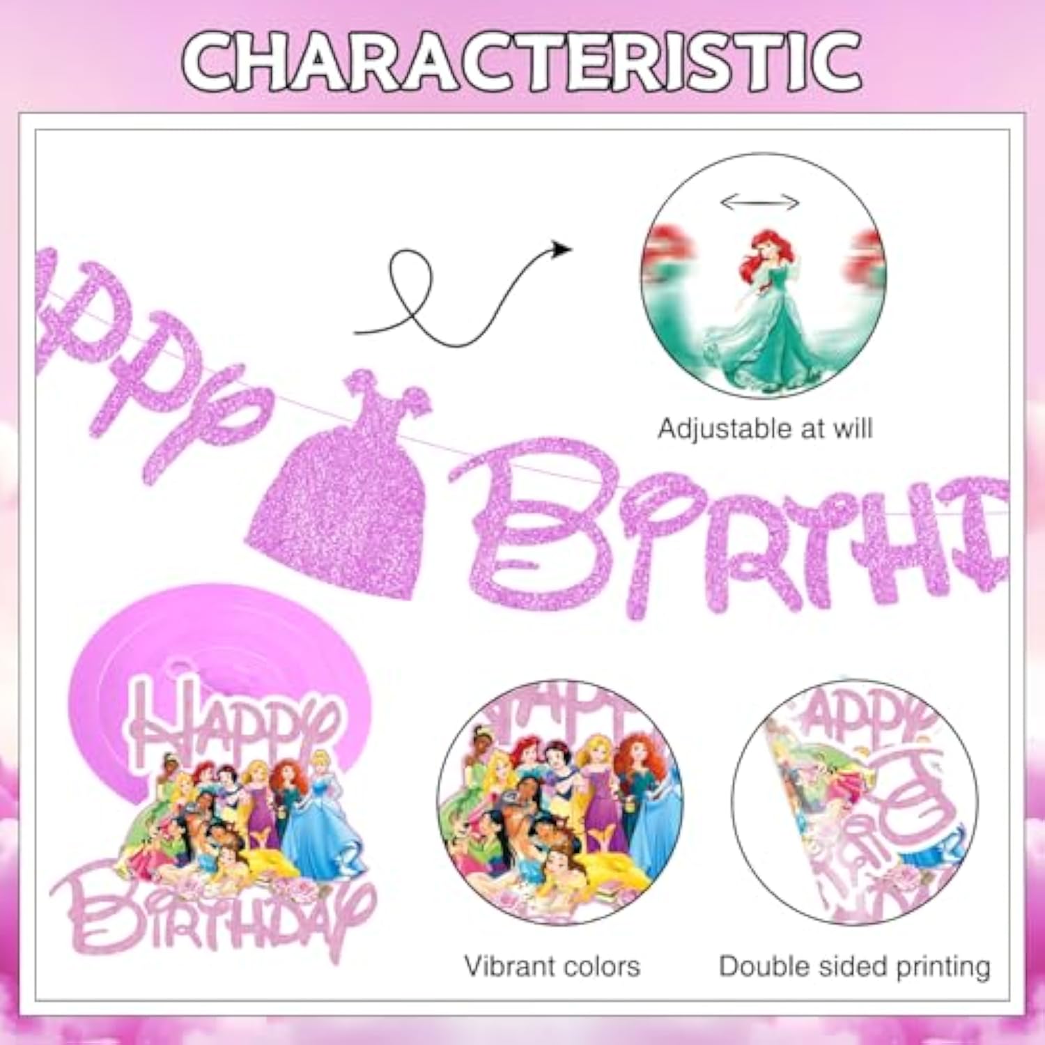 Princess Birthday Party Decorations Include 1Pc Glitter Happy Birthday Banner,1Pc Princess Banner And 14Pcs Cute Hanging Swirls For Girls, Pre-Assembled Party Decorations