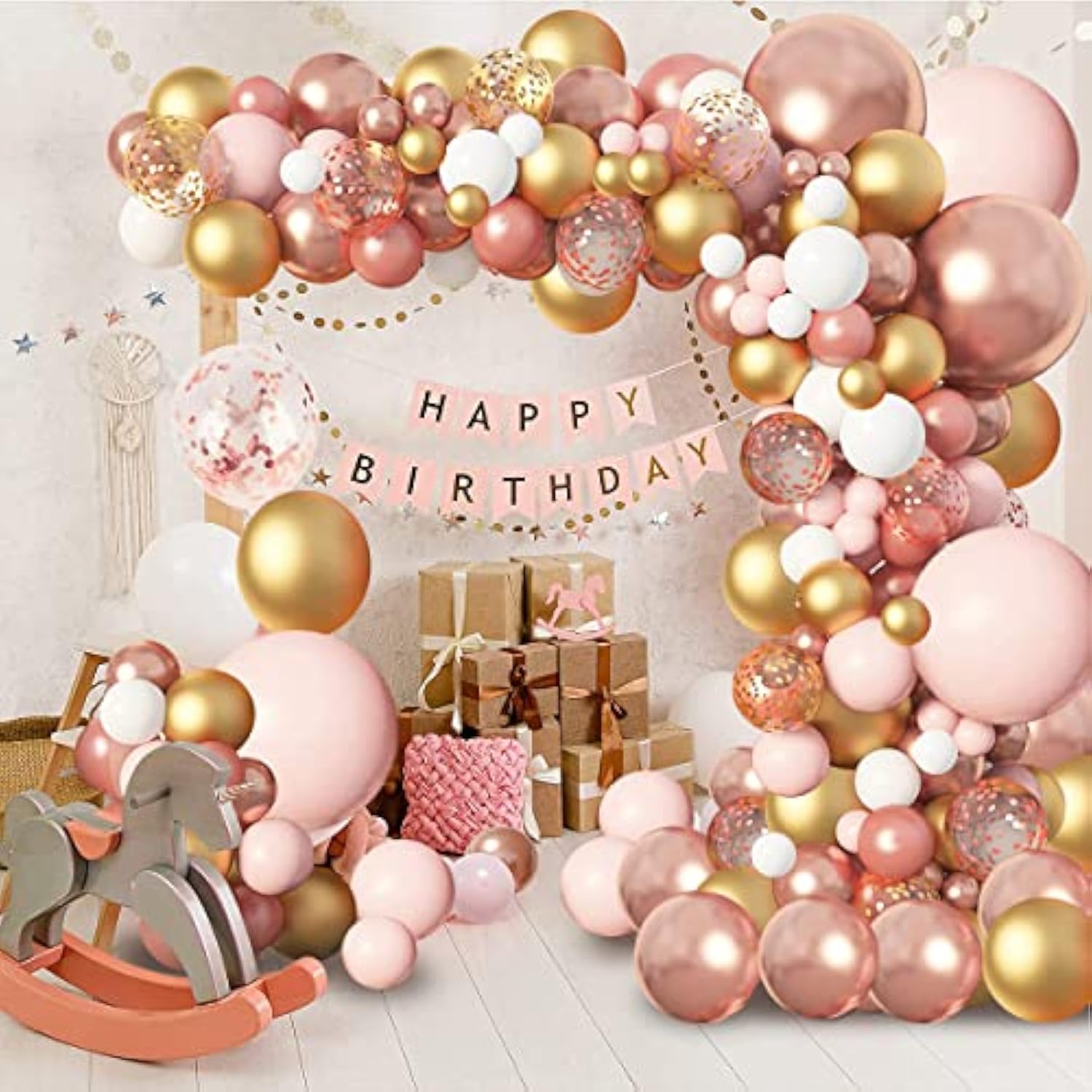 Rose Gold Balloons Garland Arch Kit, Rose Gold Pink White Confetti Balloons For Women Girls Princess Engagement Bridal Shower Wedding Bachelorette Brithday Party Decoration………