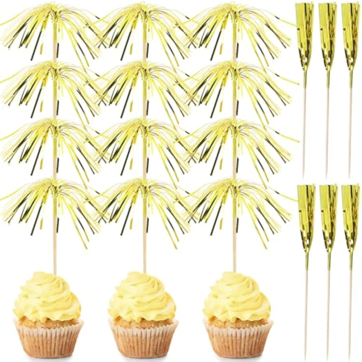 200 Gold Cupcake Toppers Firework Picks for New Year Party Table Decorations