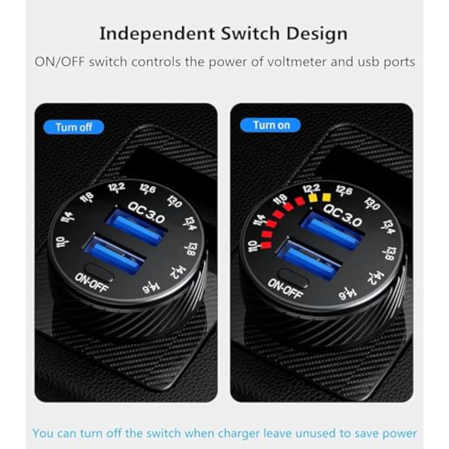 Car Charger, 36W Fast Car Charger Adapter, Dual Usb Car Fast Charge With Colorful Voltmeter & On/Off Switch