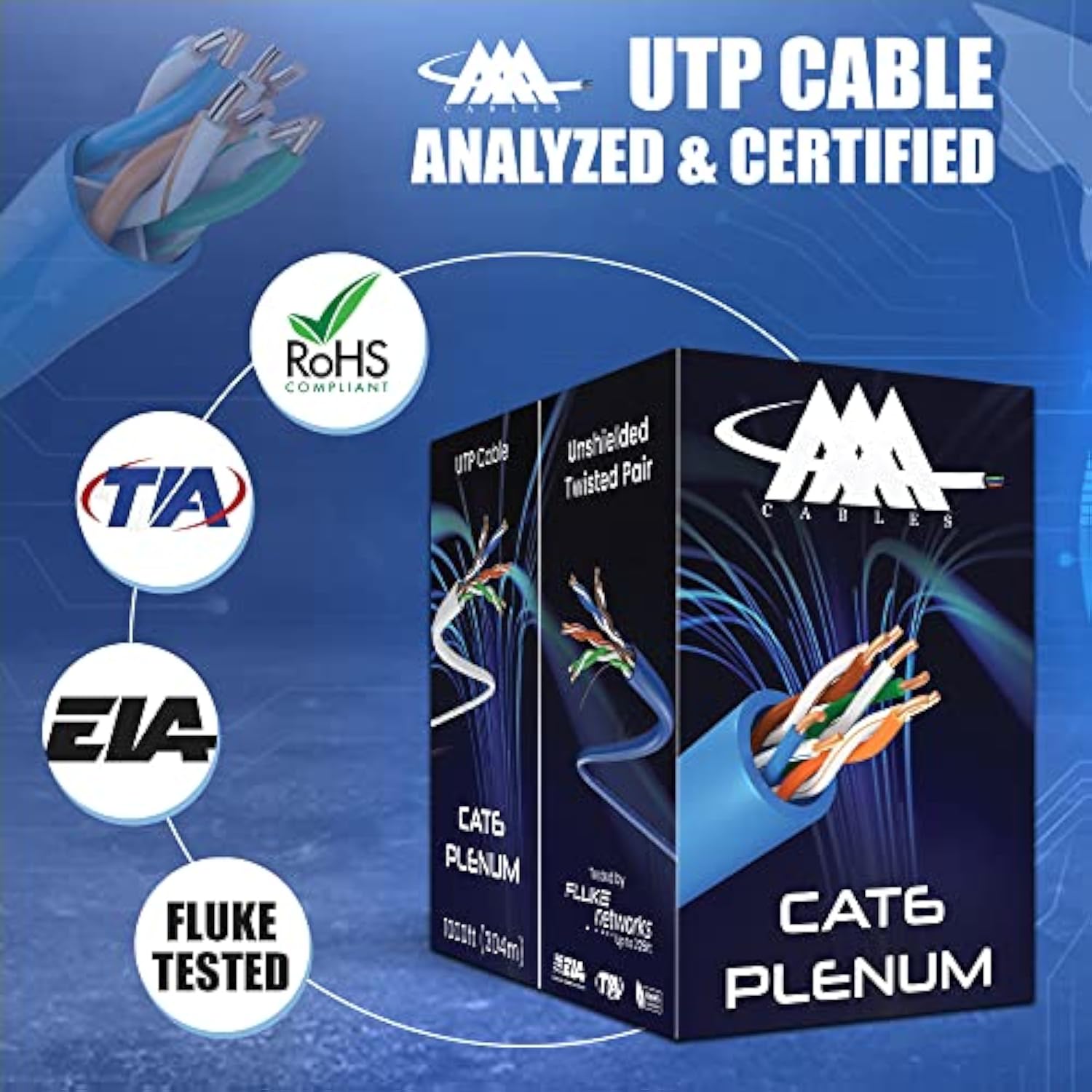 Aaa Cmp Cat6 Plenum Cable 1000Ft | 0.58Mm Solid Conductor | Dtx-1800 Fluke Tes