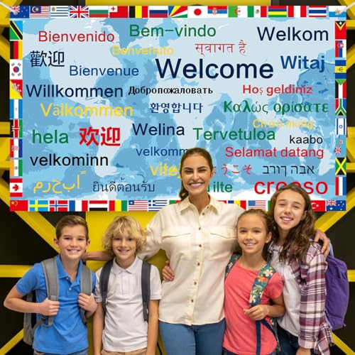 International Welcome Banner Decorations 52 World Country Flags Around the World Multicultural Decor - Large Welcome Backdrop Banner with 32 Different Language Welcome Words - Olympic Party Supplies