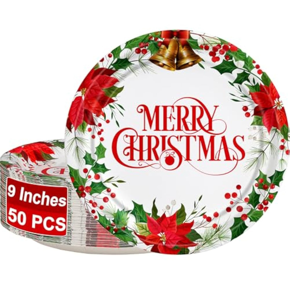 50 Pcs Christmas Paper Plates, 9'' Christmas Party Plates, Disposable Holly Poinsettia Design Merry Xmas Holiday Dinnerware For Xmas Party Supplies Winter Decorations