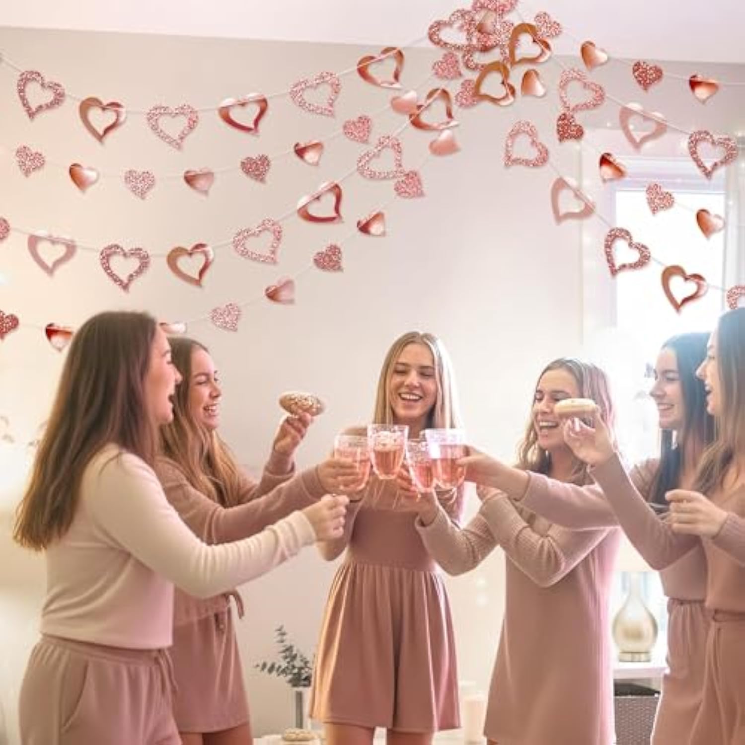 Rose Gold Heart Garland Glitter Valentine Day Mothers Day Wedding Engagement Anniversary Bridal Shower Baby Shower Bachelorette Party Decorations Backdrop Banner Hanging Decor