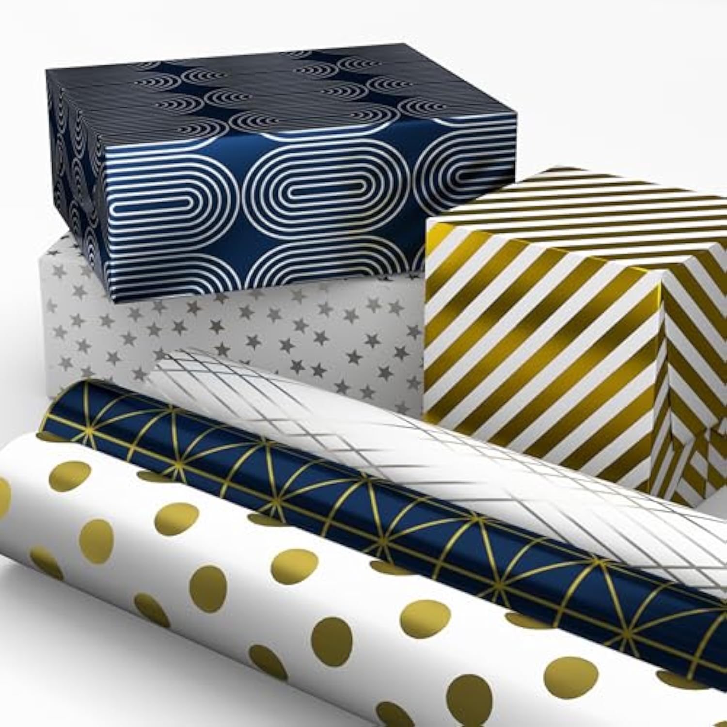 Hallmark Bulk Wrapping Paper Rolls for Birthday, Wedding, Graduation – Blue Metallic Gift Wrap Paper (Set of 6 Rolls: 180 Square Feet Total) Silver Stars, Gold Dots, Stripes, Navy