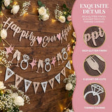 Pre-Strung Happily Ever After Banner Set, Pink & Gold Glitter Wedding Bunting Decorations with Diamond Ring & Champagne Glass Cutouts for Bridal Shower, Engagement Party, Wedding Reception