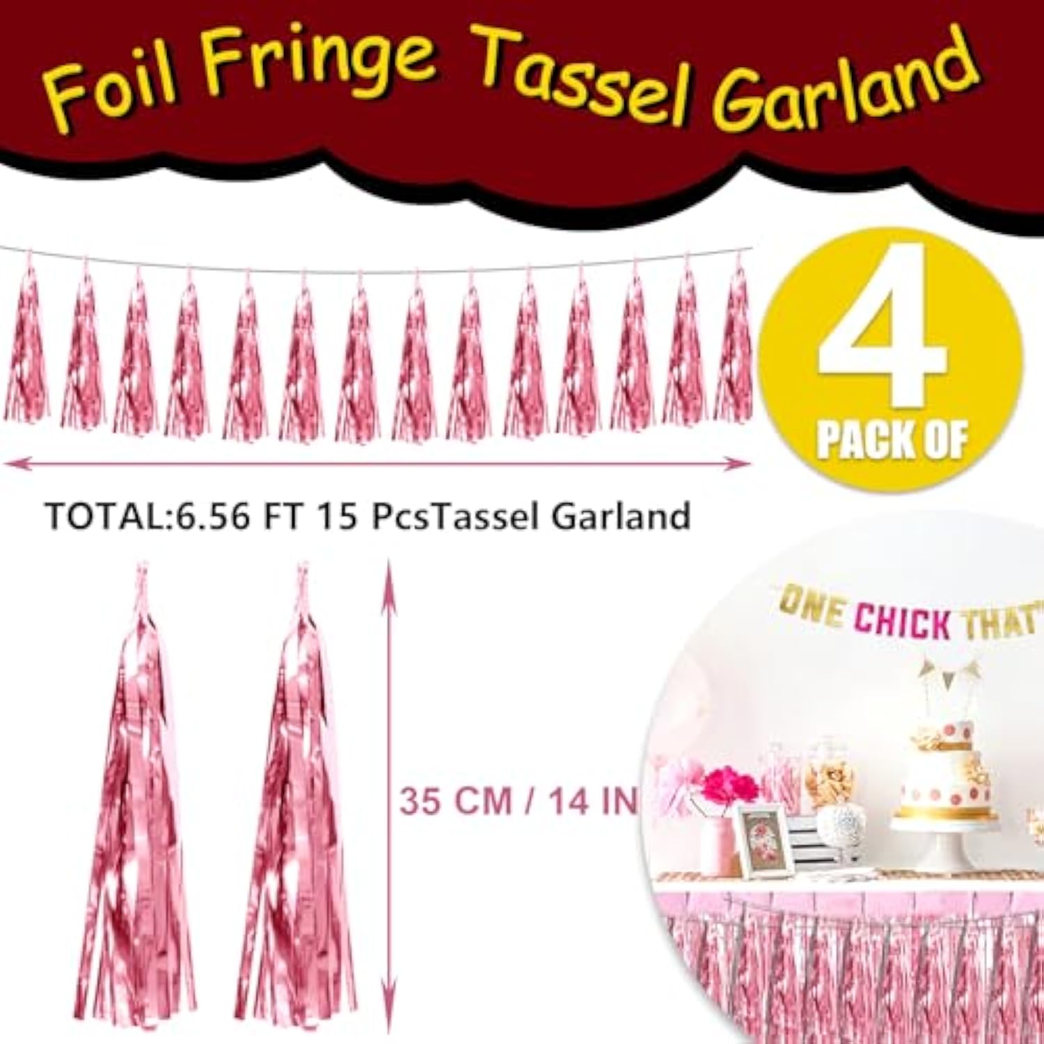 4P Pink Foil Fringe Tassel Banner Garland Metallic Tinsel Streamers Wall Hanging Curtain Backdrop Banner For Parade Floats, 2024 Graduation Decorations, Wedding Party Decoration