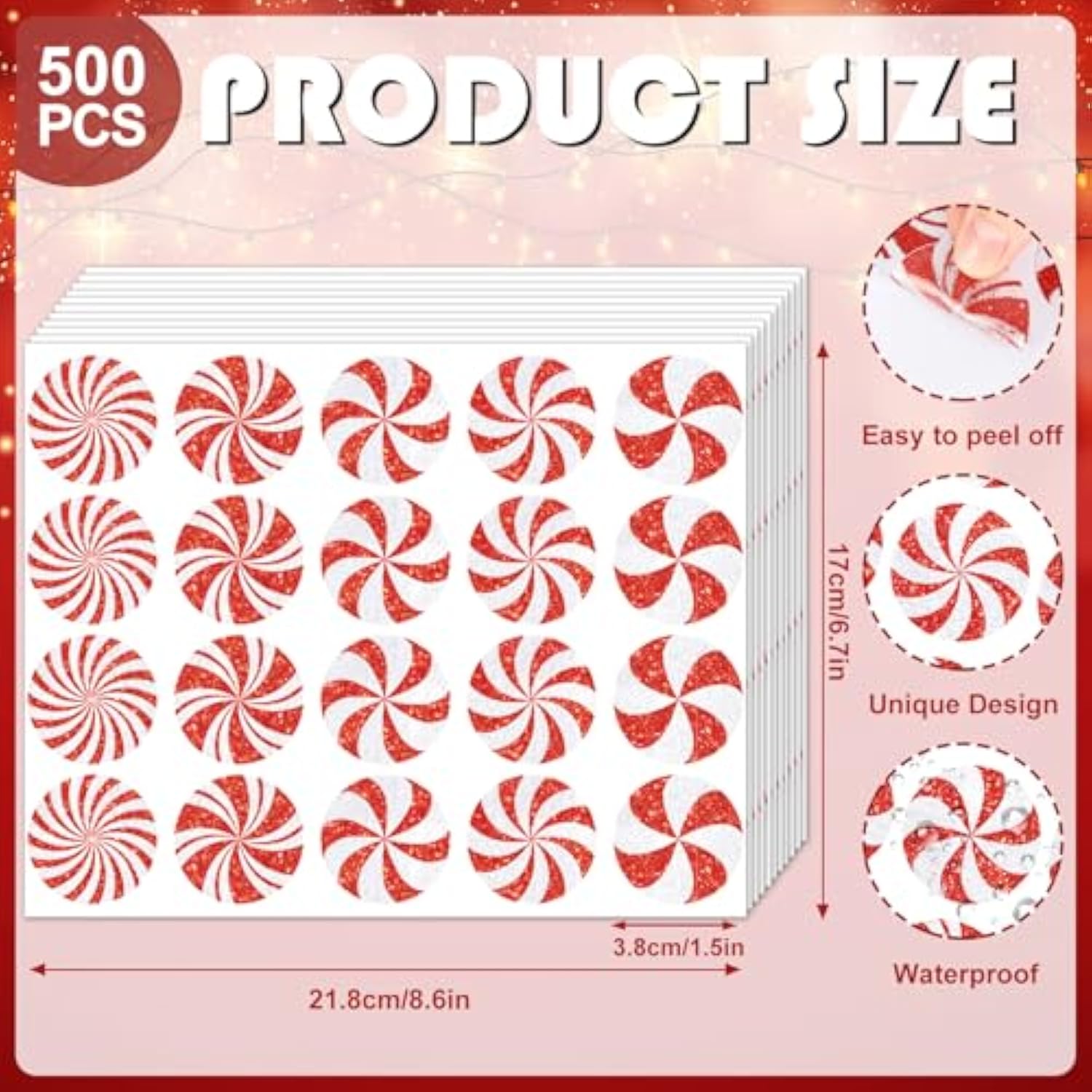 500Pcs Christmas Stickers Glitter Peppermint Candy Envelope Seal Decals Red White Self-Adhesive Xmas Paper Labels For Winter Holiday Invitation Greeting Card Scrapbook, 1.5 In