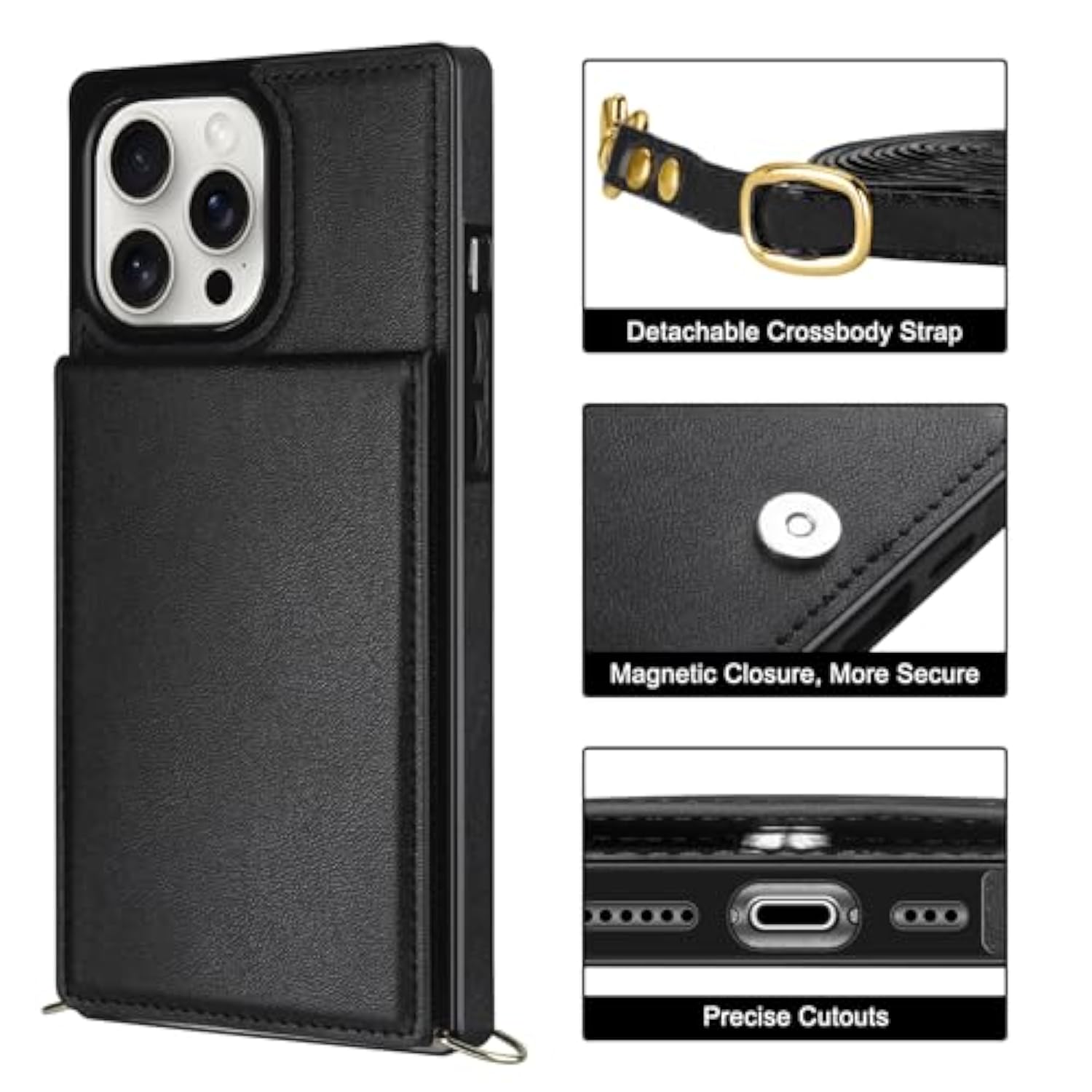 Compatible With Iphone 15 Pro Max Case Wallet With Card Holder Lanyard Crossbody Strap Leather Magnetic Clasp Kickstand Heavy Duty Protective Flip Cover For Iphone 15 Pro Max 6.7" Black